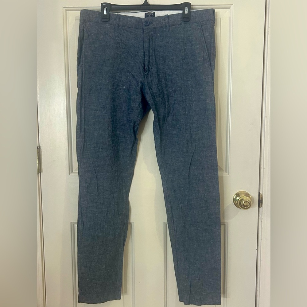 J Crew Driggs Pants Mens 35x32 Linen Blend Chambray Trouser Chino Blue Preppy - Picture 2 of 8